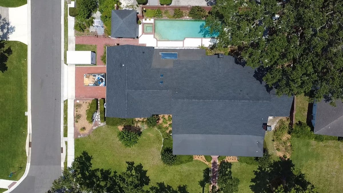 Aerial view of a College Park GAF Timberline UHDZ asphalt shingle roof installed by Southern Traditions Roofing